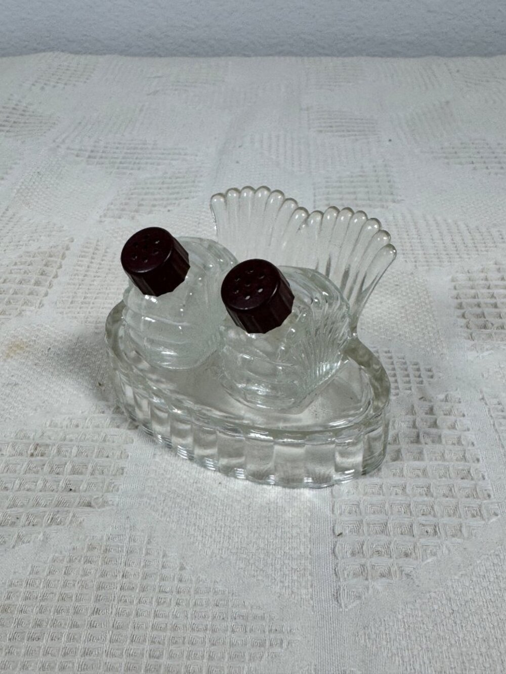 Vintage Glass Salt and Pepper Shakers w Holder Mid Century Kitchen Table Decor
